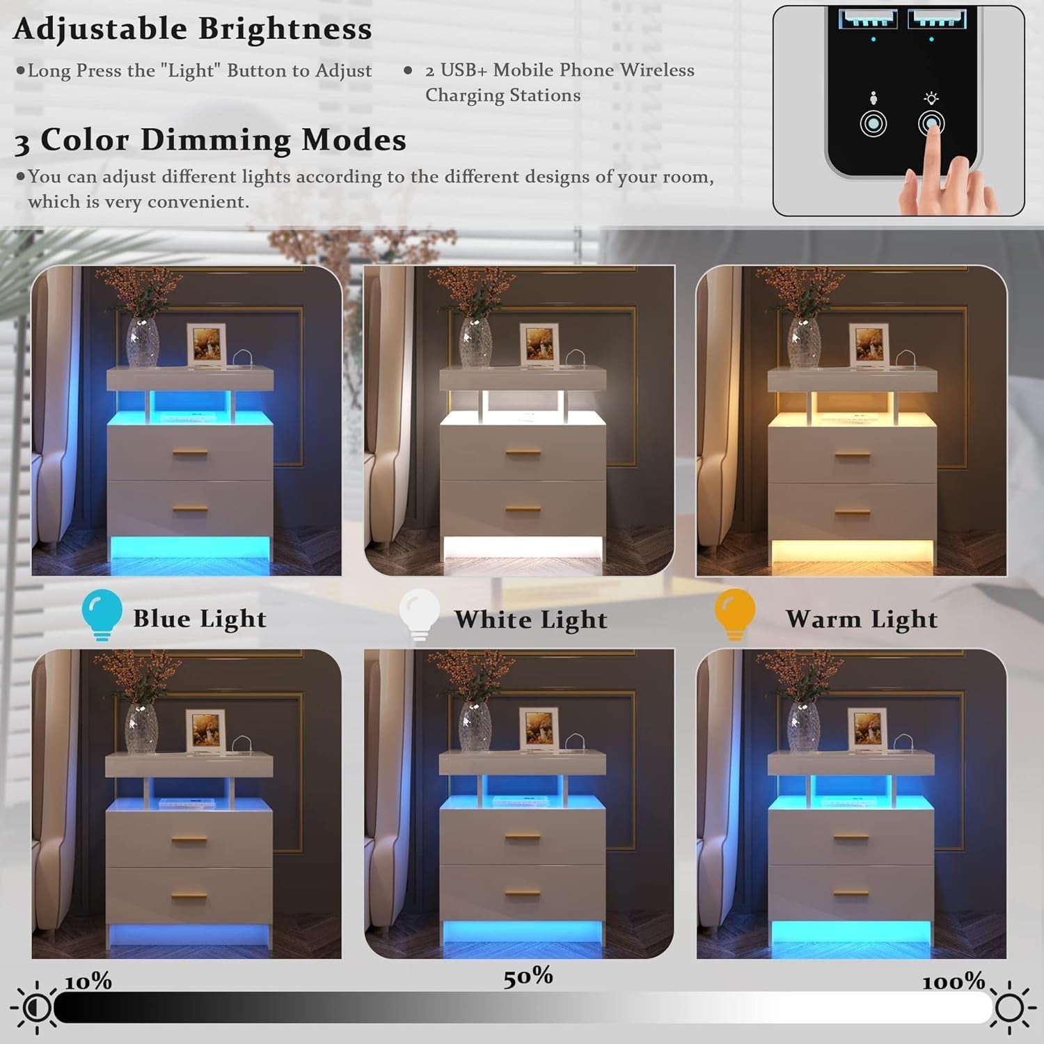 Modern LED Bedside Table with Wireless Charging | White 2 Drawer Nightstand
