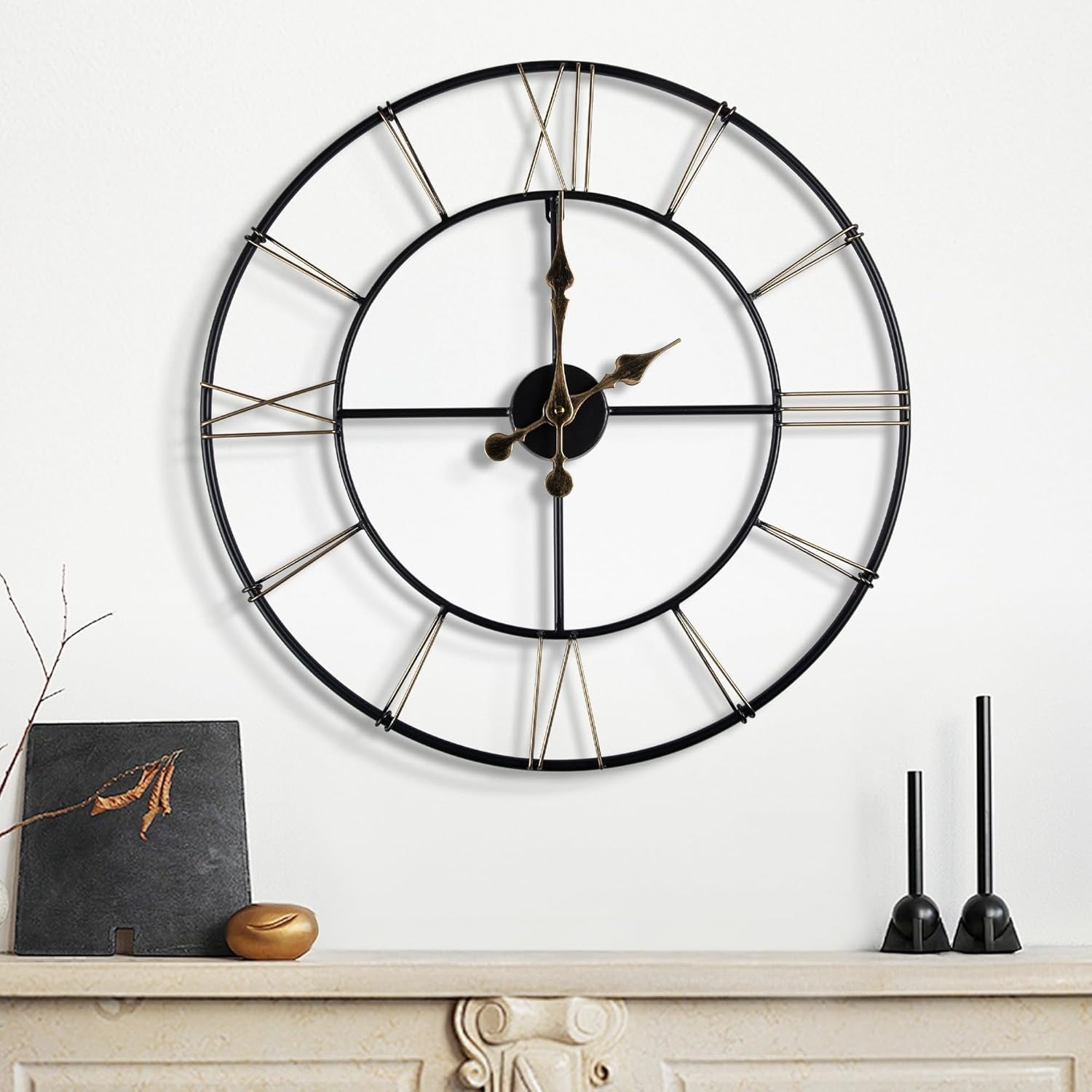 Modern 40cm Metal Wall Clock Silent Roman Numeral Skeleton Home Decor