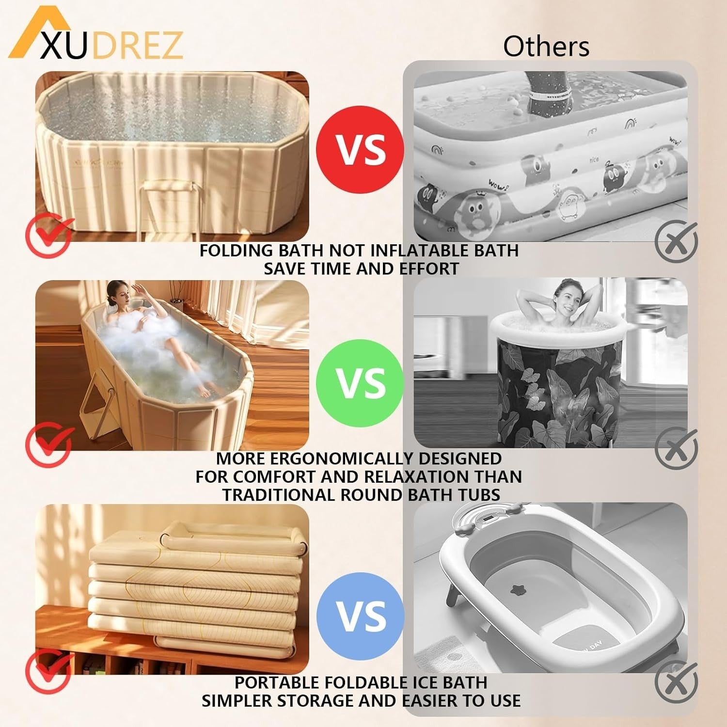 Portable Folding Bathtub SPA Sauna Ice & Hot Bath 1.2m Adults Kids Gold