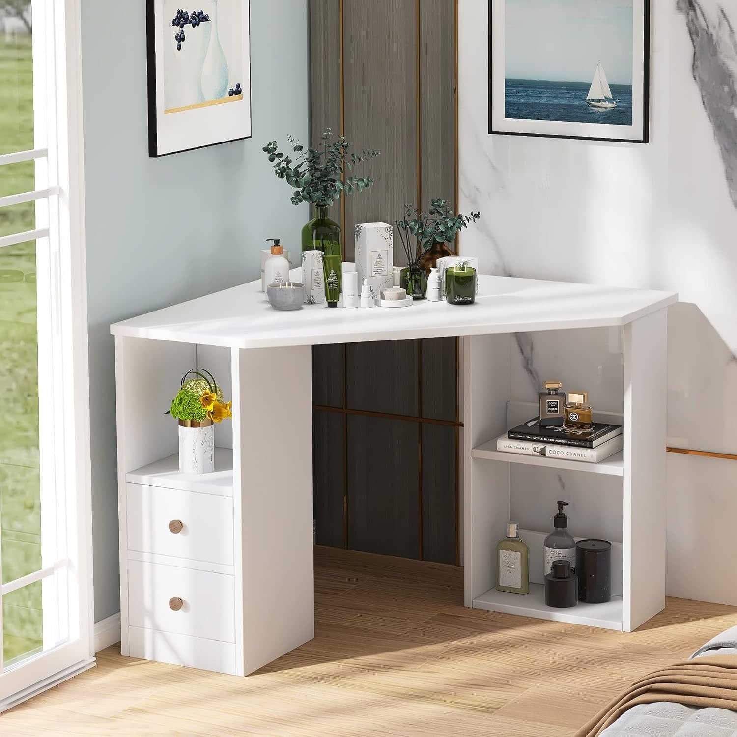 White L-Shaped Corner Desk with Drawers – Home Office Study Workstation