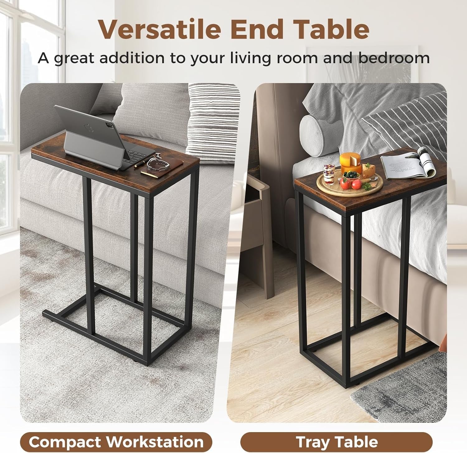 C-Shaped Side Table Rustic Brown | Industrial Sofa Laptop Snack Table 64cm