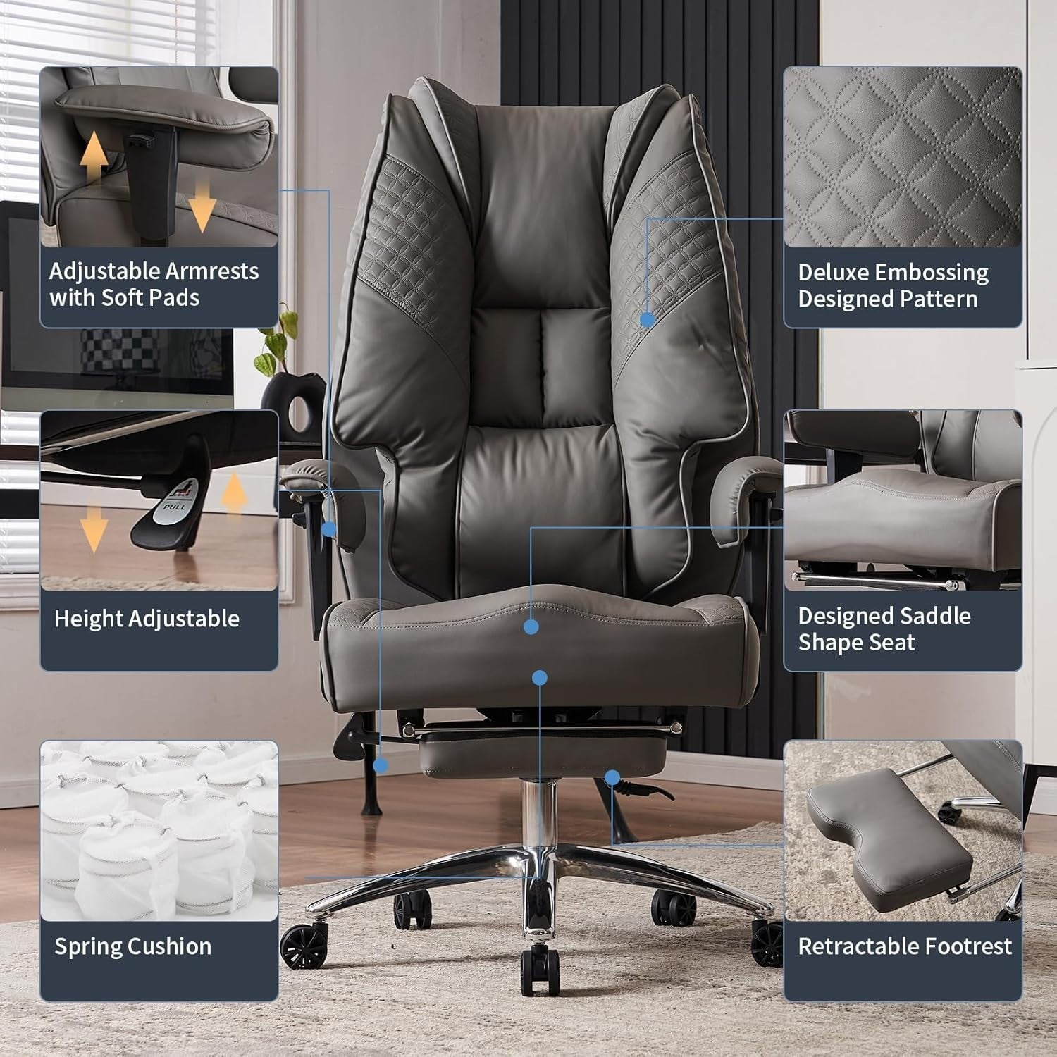 Big & Tall Office Chair Oversized Heavy Duty 400lb Max Load Grey Faux Leather