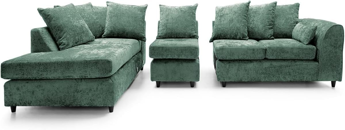 Large Green Chenille Corner Sofa – Modern L Shape 5 Seater Couch w/ Covers