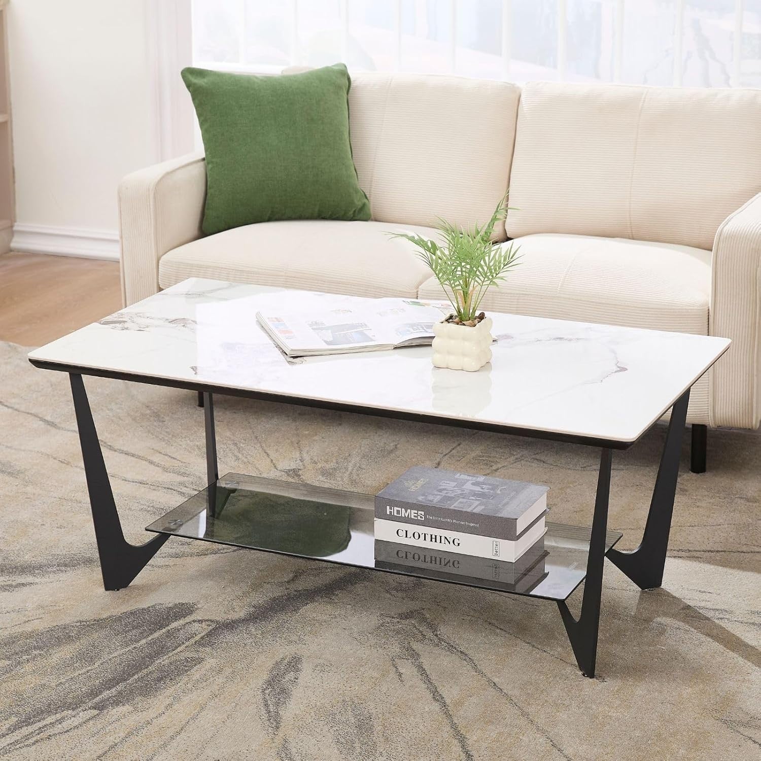 Modern Marble Effect Coffee Table with Glass Shelf & Metal Legs – 110x60cm