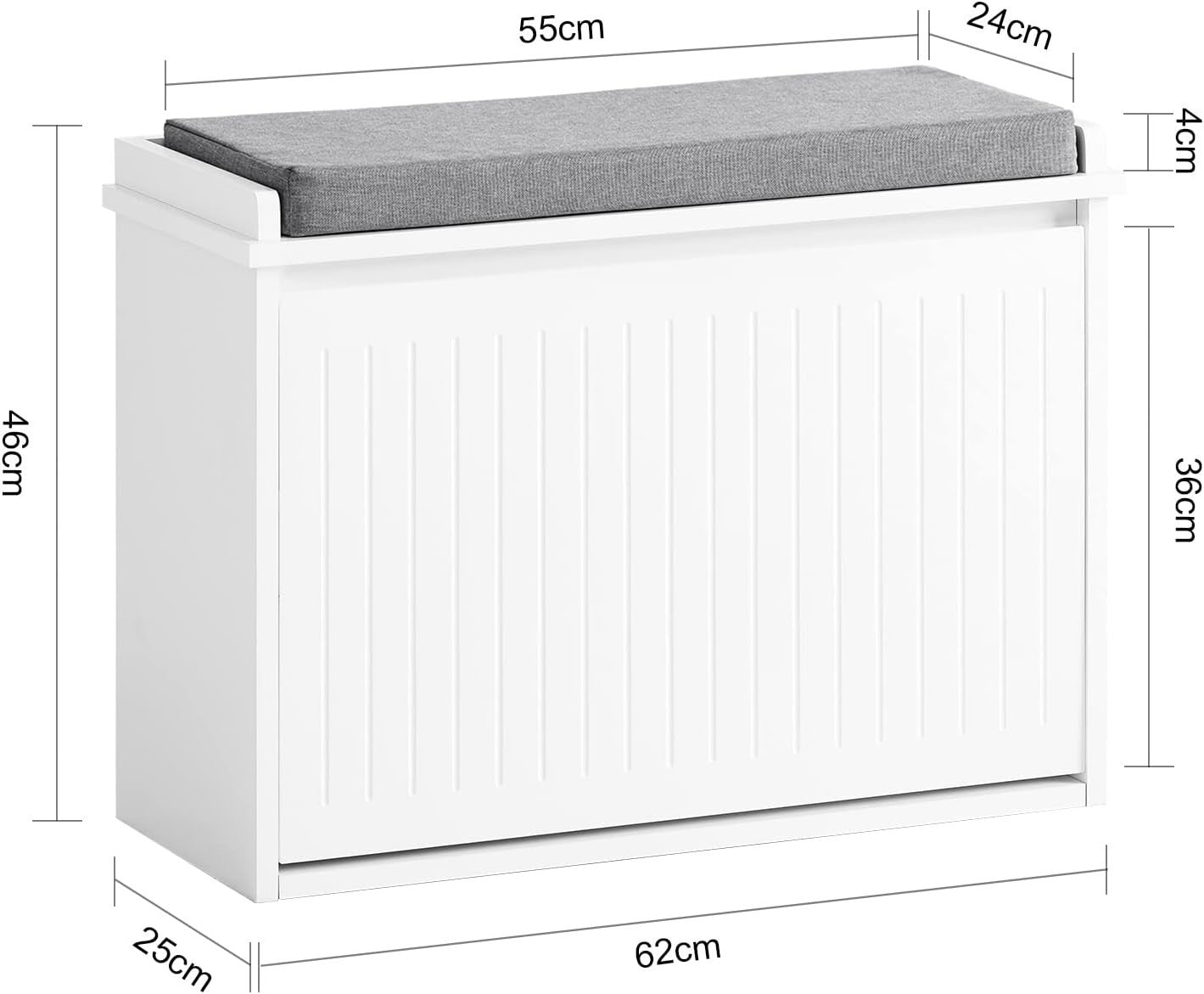 White Shoe Bench with Cushion – Flip Drawer Storage Seat 62cm Hallway