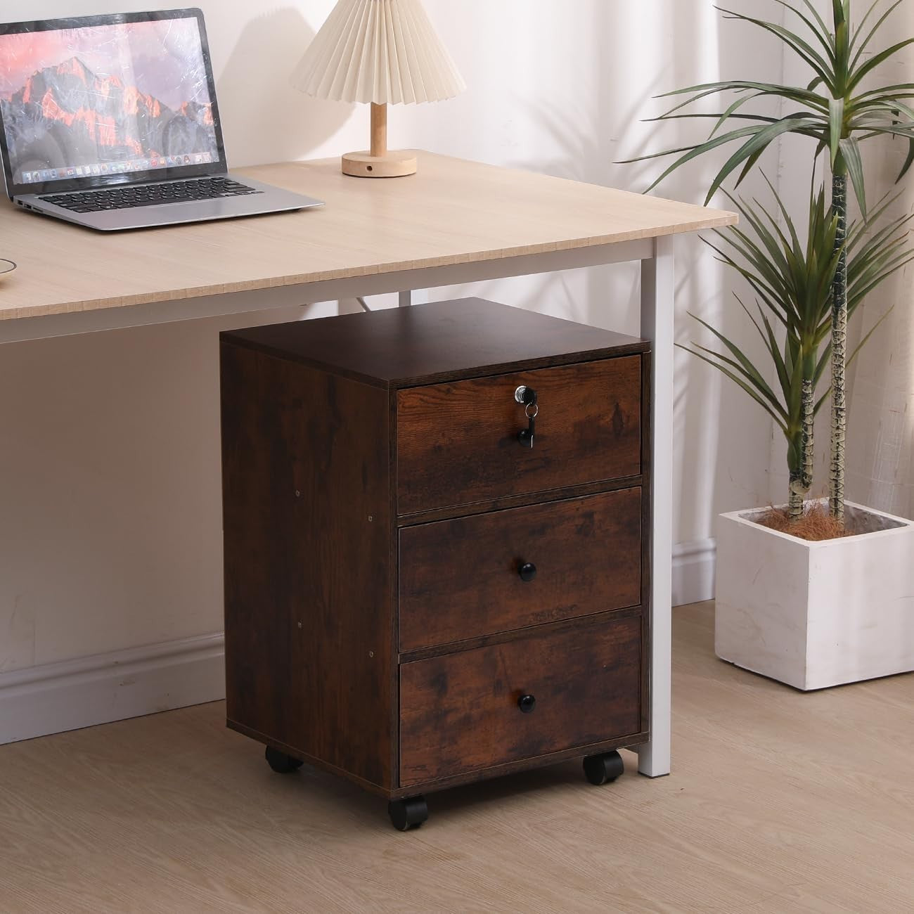 Rustic Brown Rolling 3 Drawer File Cabinet Top Lock Under Desk Storage