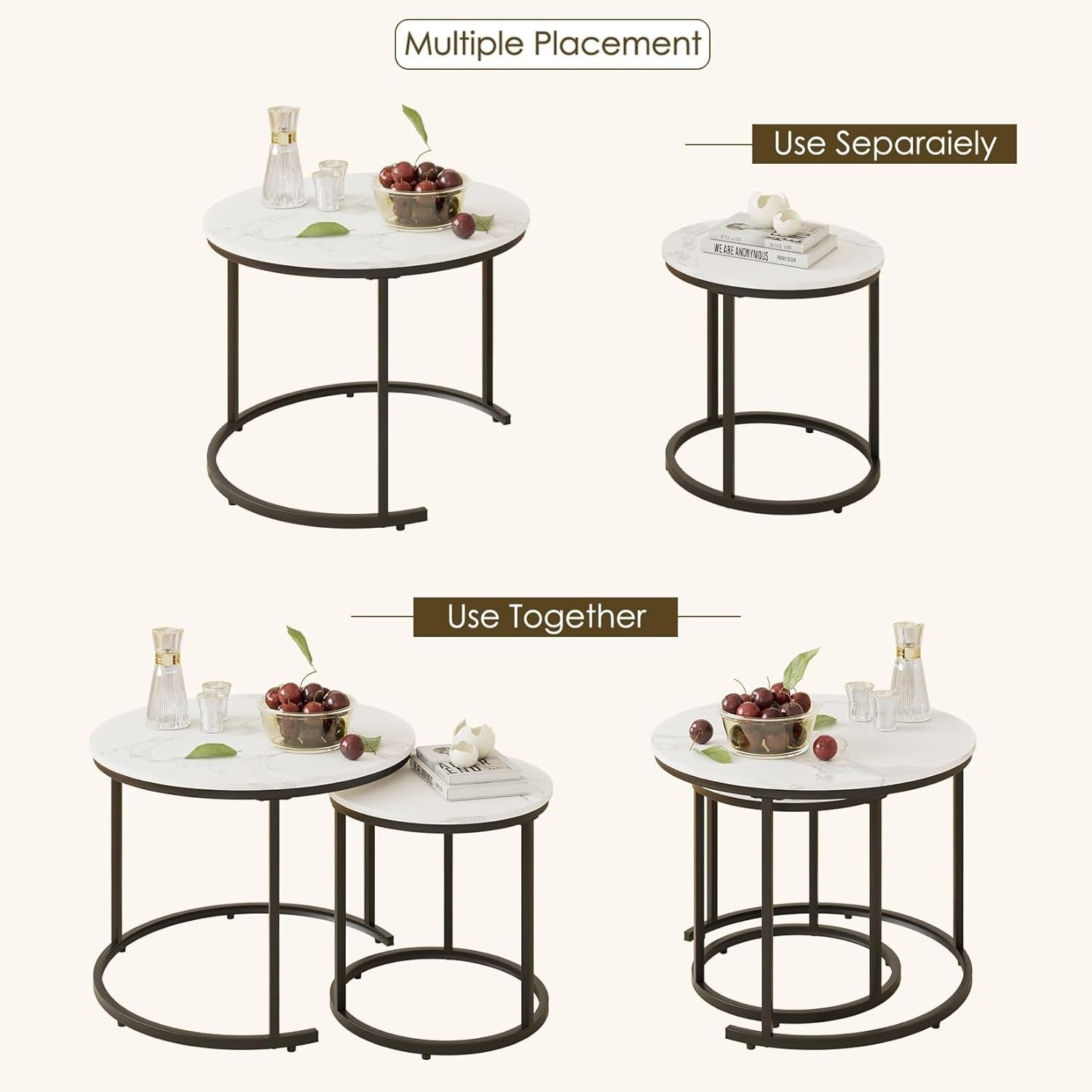 Round Nesting Coffee Tables Set of 2 – Space-Saving Living Room Tables, Modern