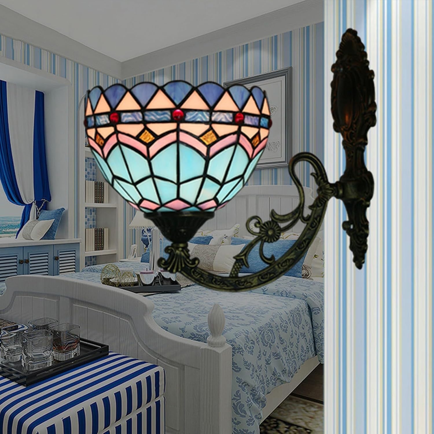 Mediterranean Stained Glass Wall Light 8in Vintage Indoor Sconce