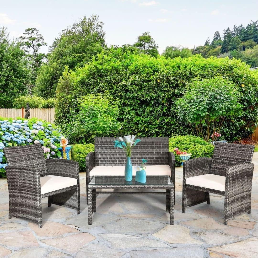 4 Seater Outdoor Rattan Sofa Set with Glass Table Patio Garden Conversation
