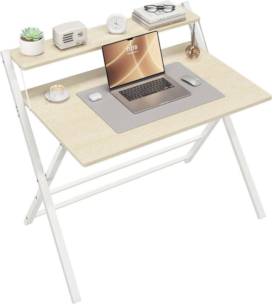 Foldable Computer Desk Large 100cm with Monitor Stand Small Space Wood