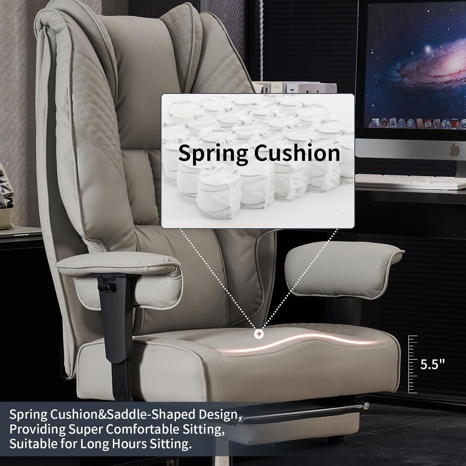 Heavy Duty Big Tall Office Chair PU Leather Oversized Desk Seat Light Grey