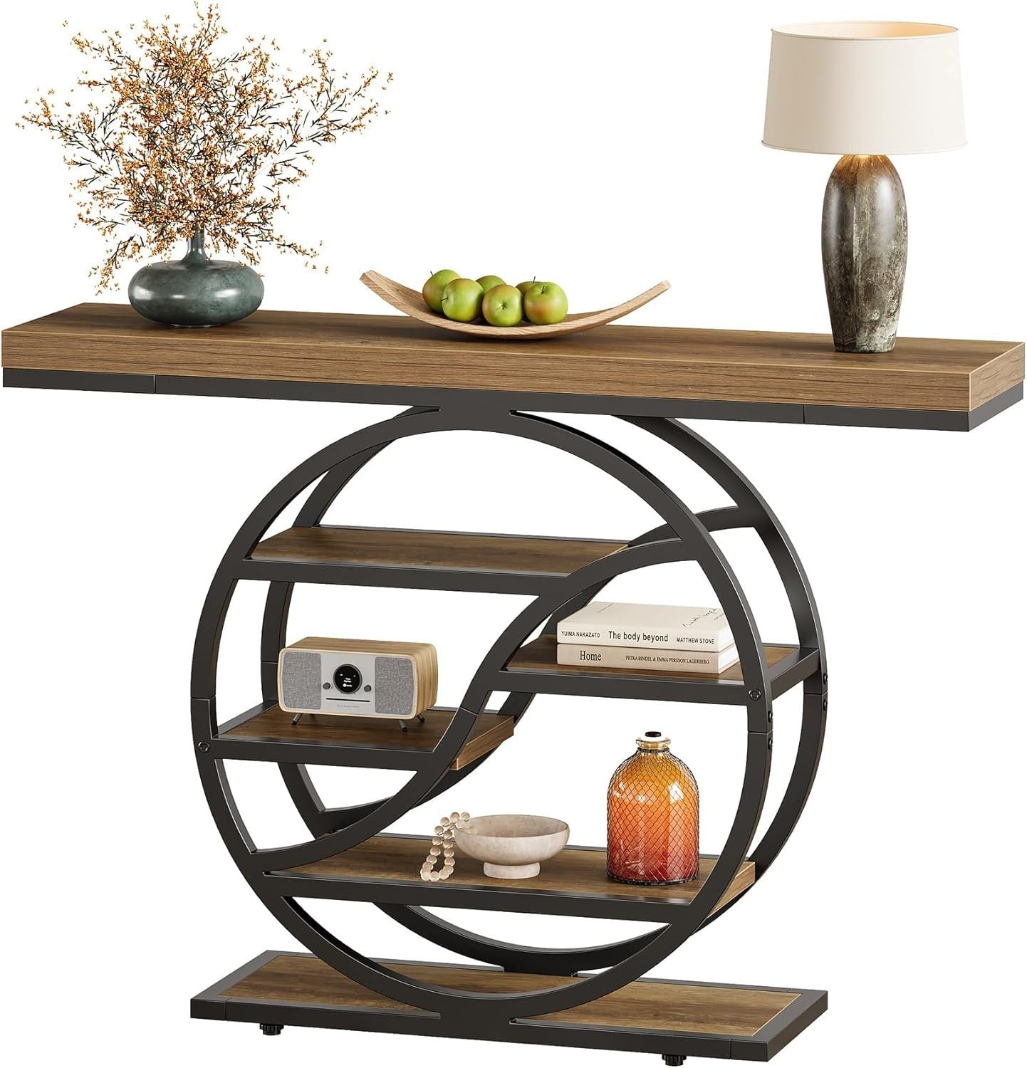 Industrial Console Table with Circle Base, 5-Tier Shelf, Narrow Entryway Decor