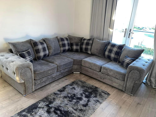 Grey L-Shaped 5-Seater Fabric Corner Sofa with Cushions & Chesterfield Style