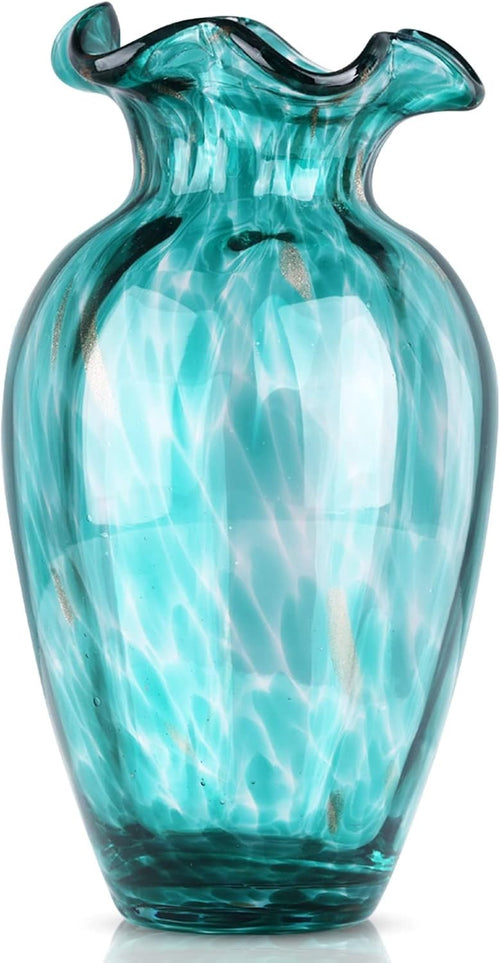 Blown Glass Art Vase Wide Mouth Green Decorative Flower Vase Home Decor