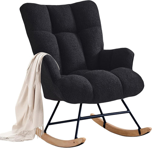 Rocking Chair Nursery Glider Comfy Armchair High Back Padded Seat Black Teddy