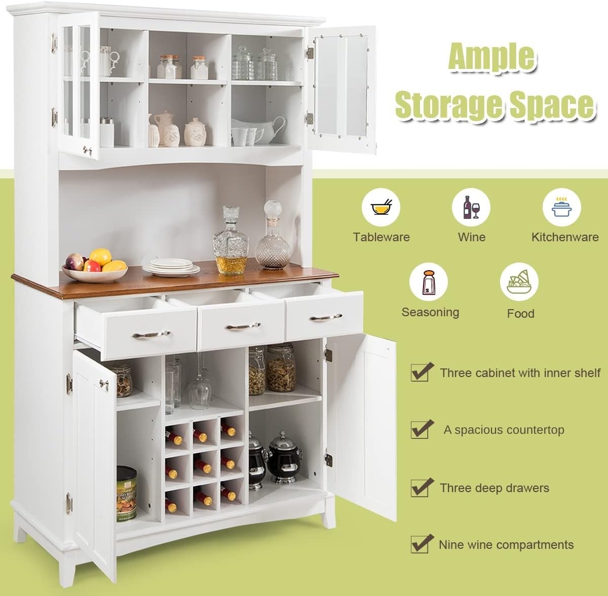 White Kitchen Sideboard 185cm Storage Cabinet Wine Rack Drawers Glass Doors