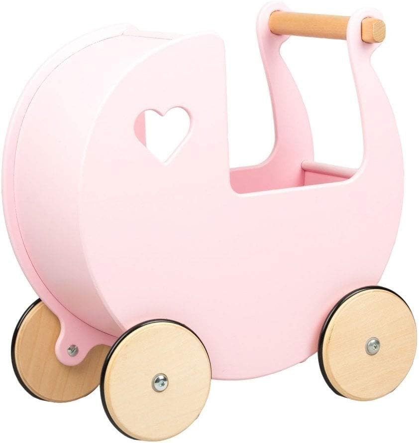 Wooden Doll Pram Push Along Toy Birch Wood Toddler Walker 18m+