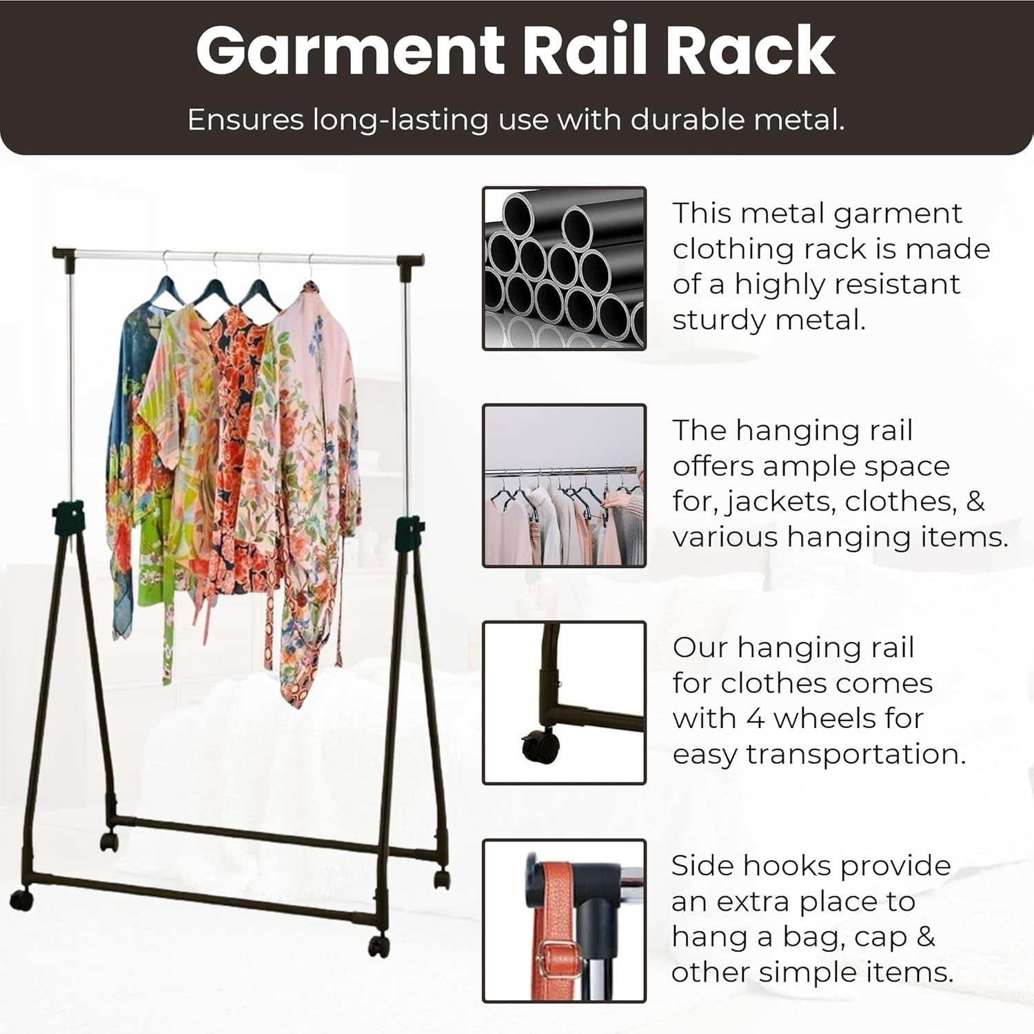 Adjustable Clothes Rail with Wheels – Chrome/Black