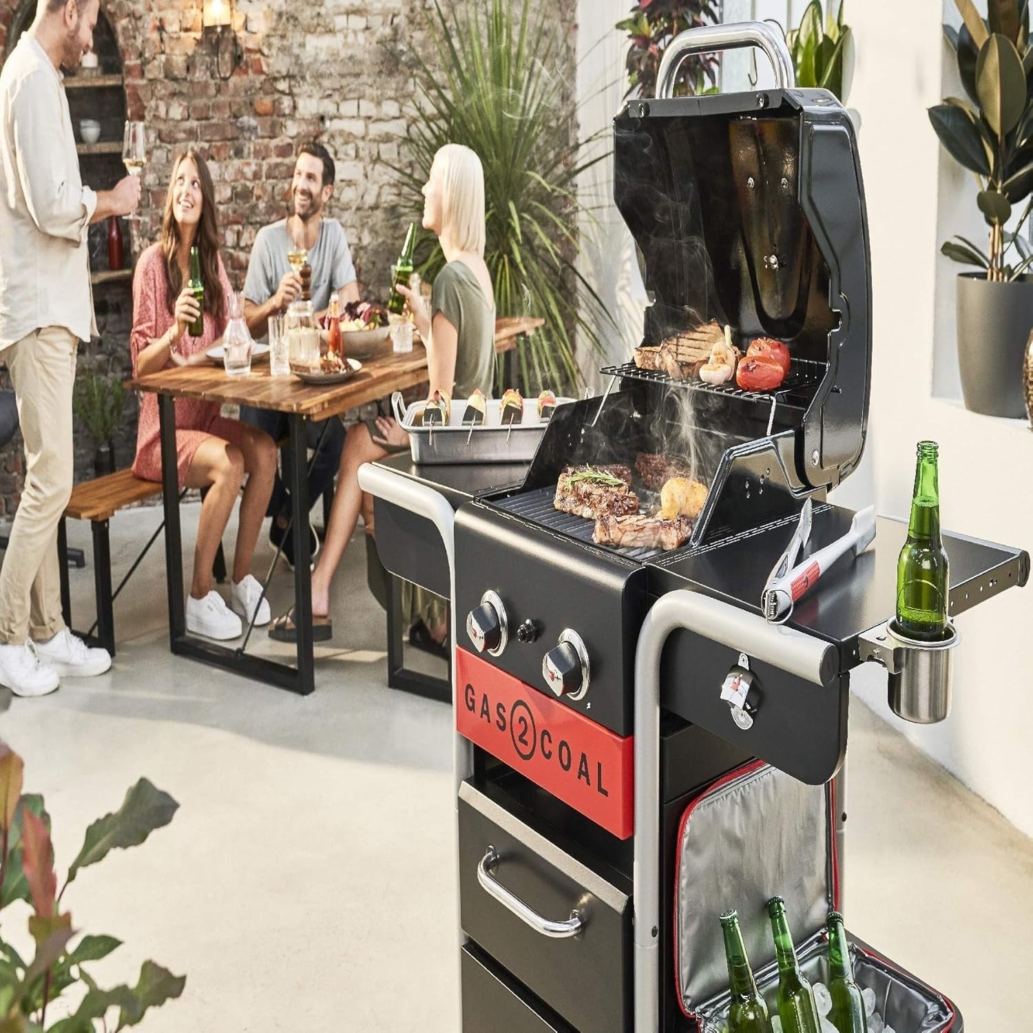 Hybrid Gas & Charcoal BBQ Grill 2 Burner Outdoor Barbecue with Side Shelves