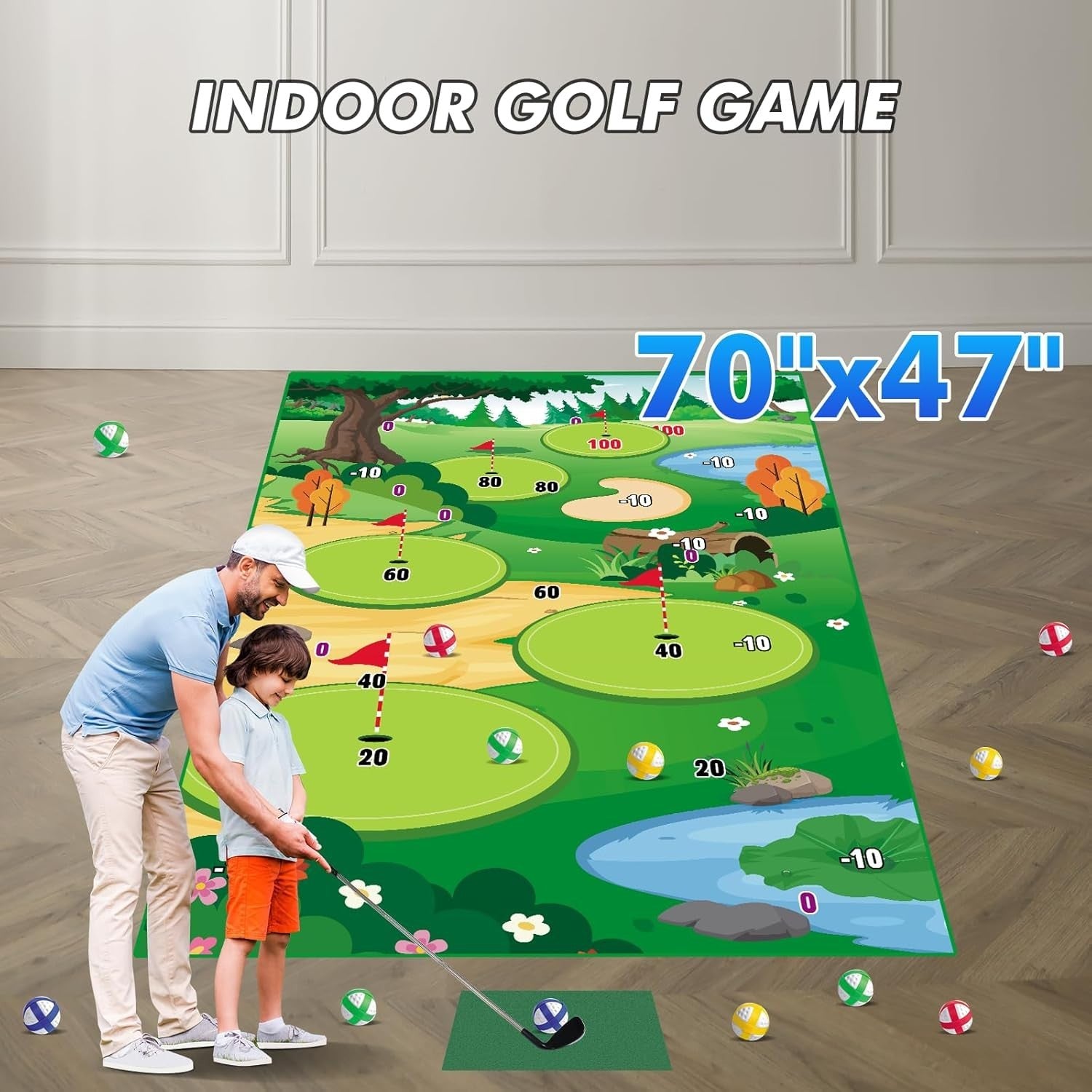 Golf Chipping Game Mat Set Indoor Outdoor Practice Kit Kids Adults