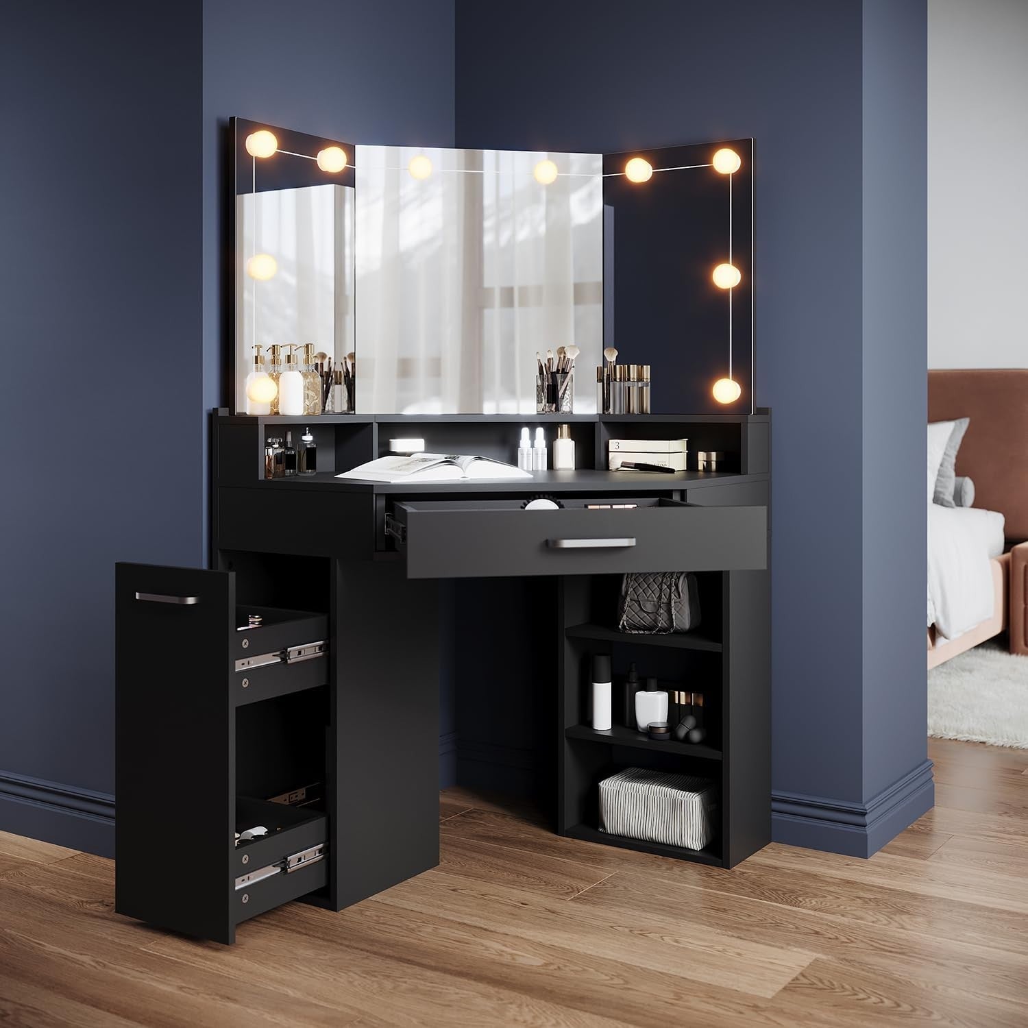 Makeup Vanity Dressing Table Corner Desk w/ 3-Angle Mirror & Hollywood LED Light