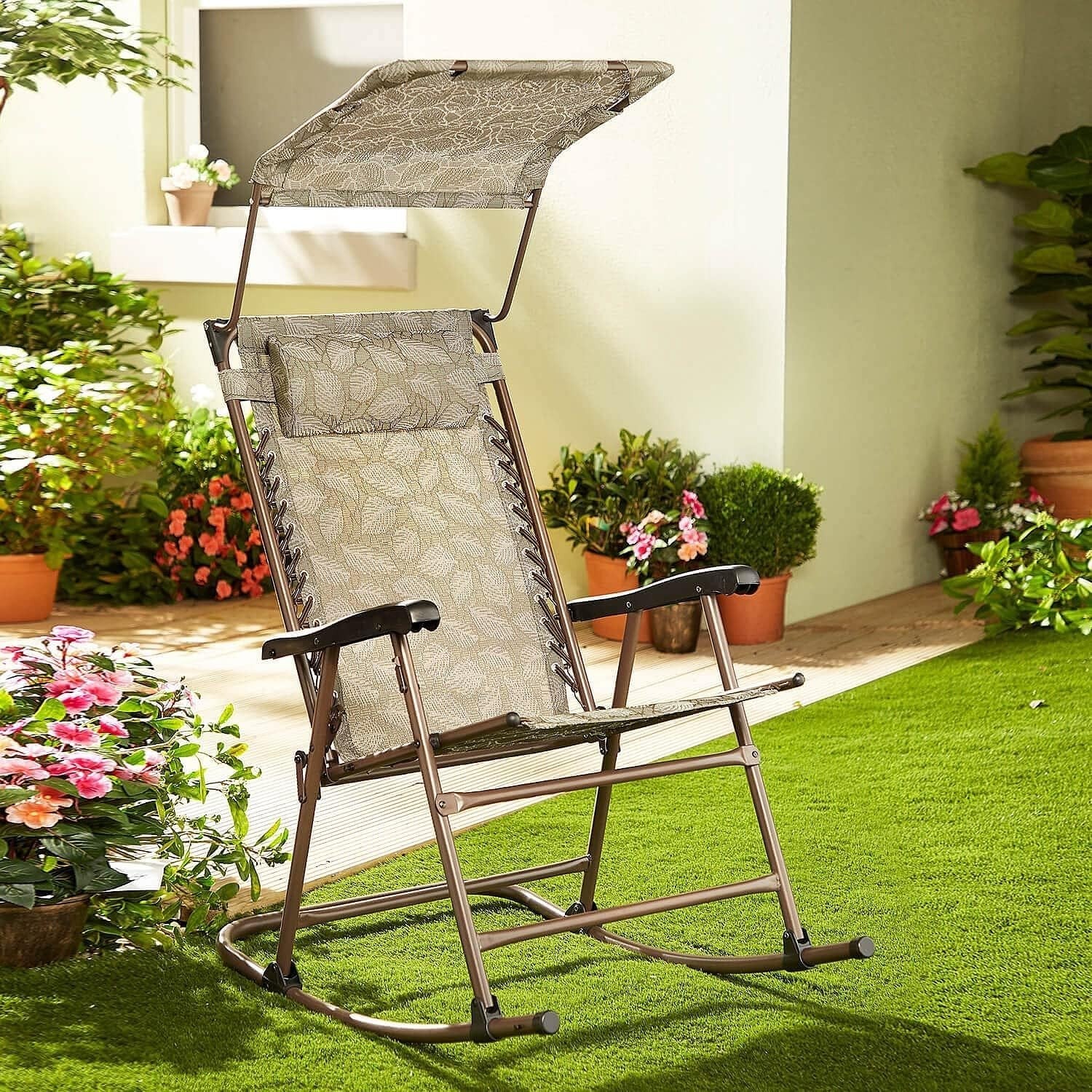 Outdoor Rocking Garden Chair with Adjustable Sun Canopy Durable Steel Frame