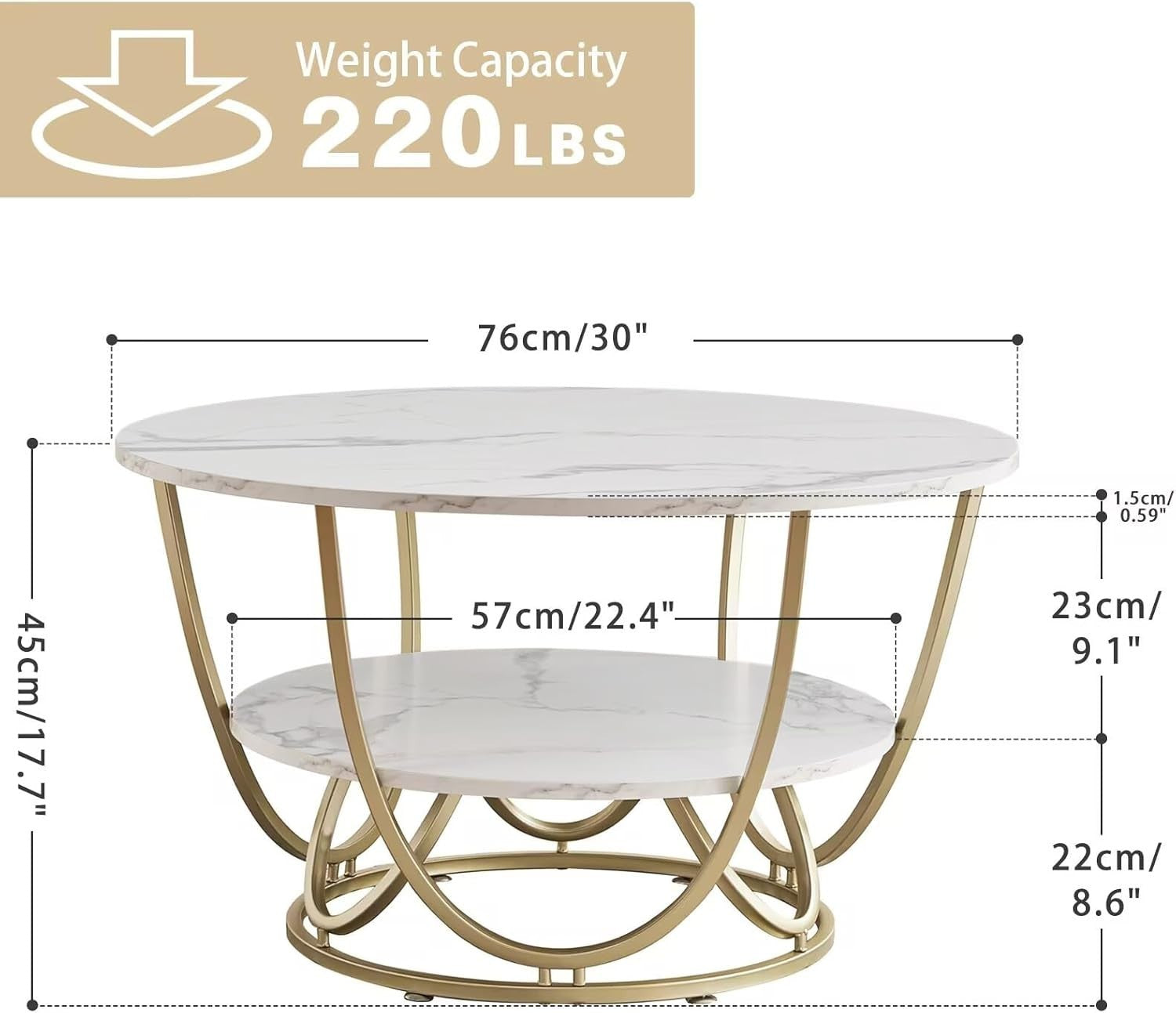 Modern Round Coffee Table White Marble 2-Tier Gold Frame 76x76cm Storage