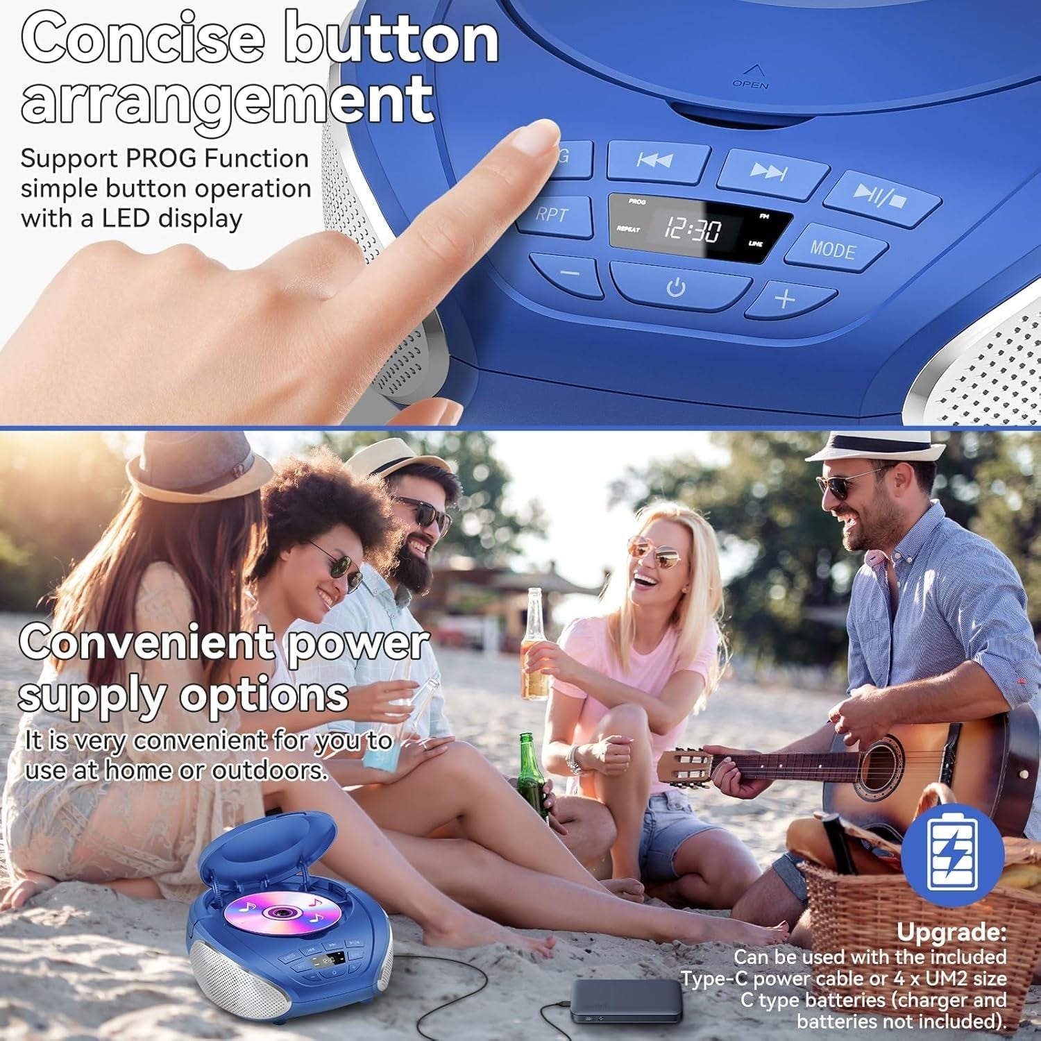 Portable CD Player Boombox Speakers FM Radio AUX Headphone Jack Blue