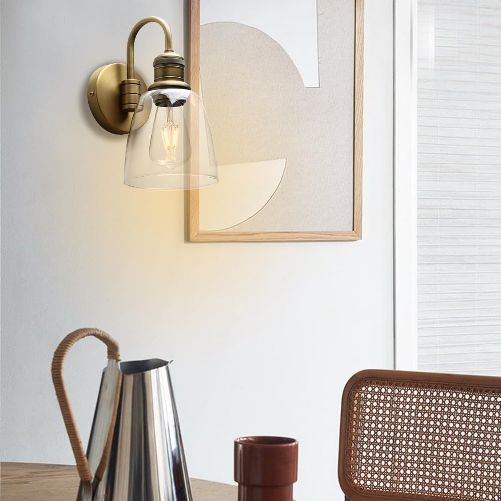 Vintage Industrial Glass Wall Sconce Light - 2 Pack, Antique Gold, Durable