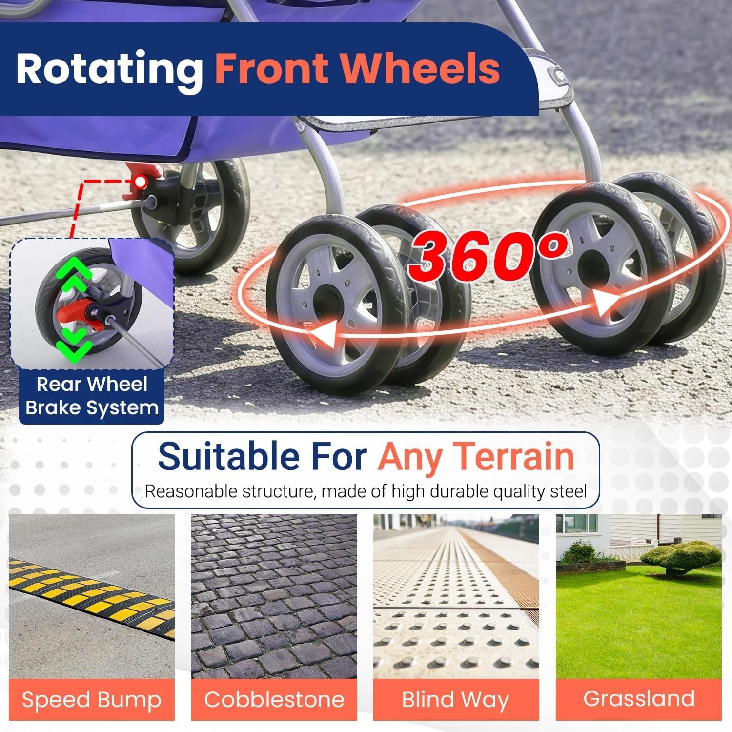 Pet Stroller Dog Cat Pushchair 4 Wheel Foldable Travel Carrier Mesh Purple