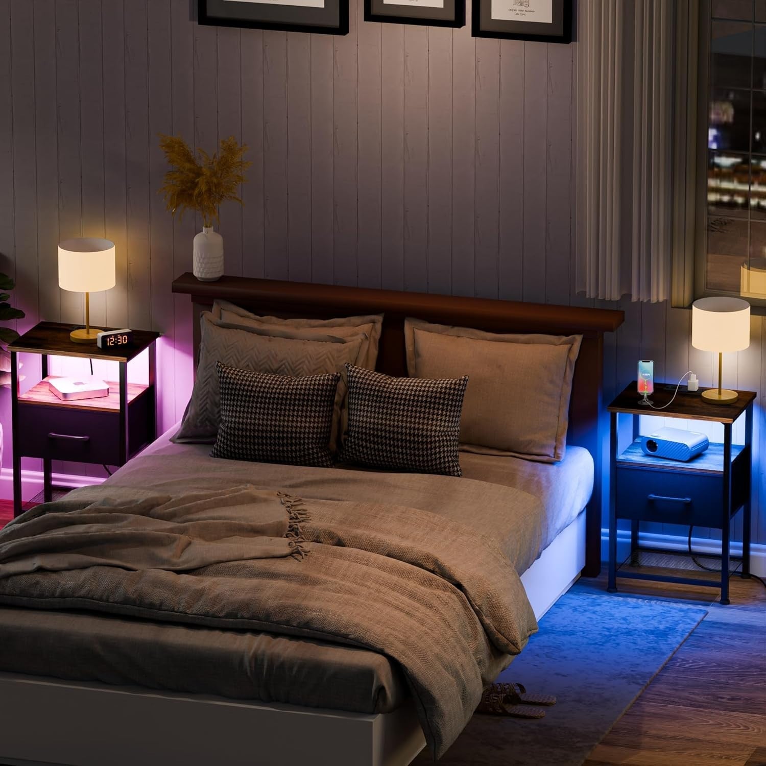Set of 2 Rustic Brown LED Bedside Tables with Drawer, USB Ports & Power Outlets