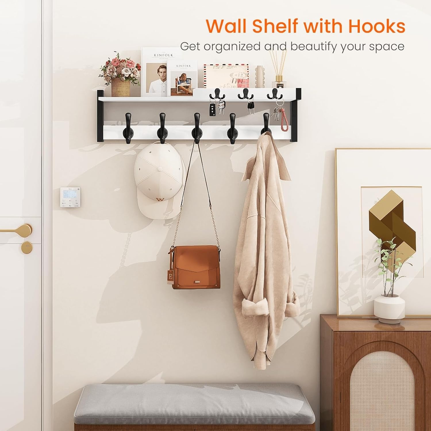 White Wall Coat Rack 29" Wood Shelf with Hooks & Key Holder Entryway Organizer