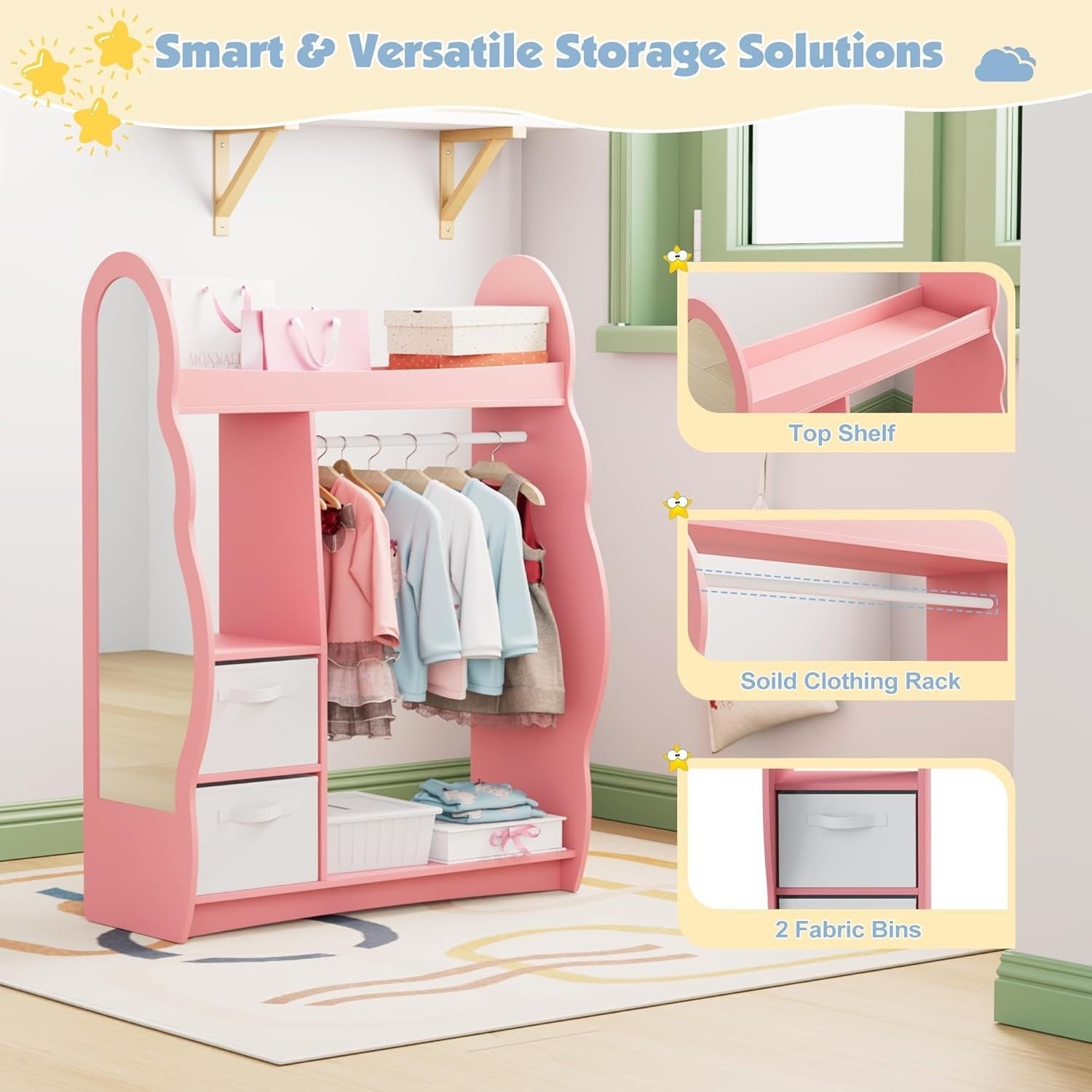Kids Wardrobe with Mirror, Hanging Rail & 2 Drawers, Pink Cloud Design