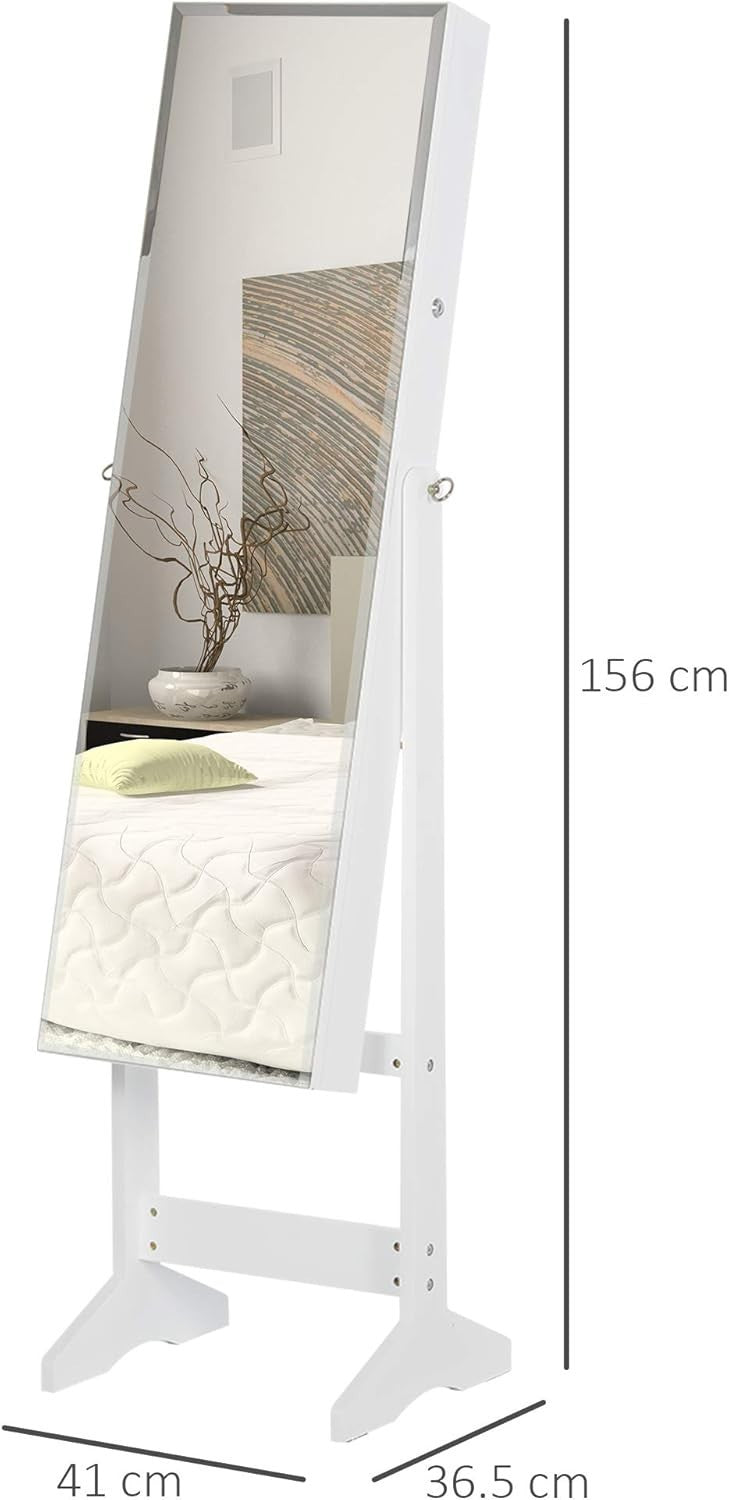 Standing Jewelry Cabinet Full Length Mirror Lockable Storage Organizer White