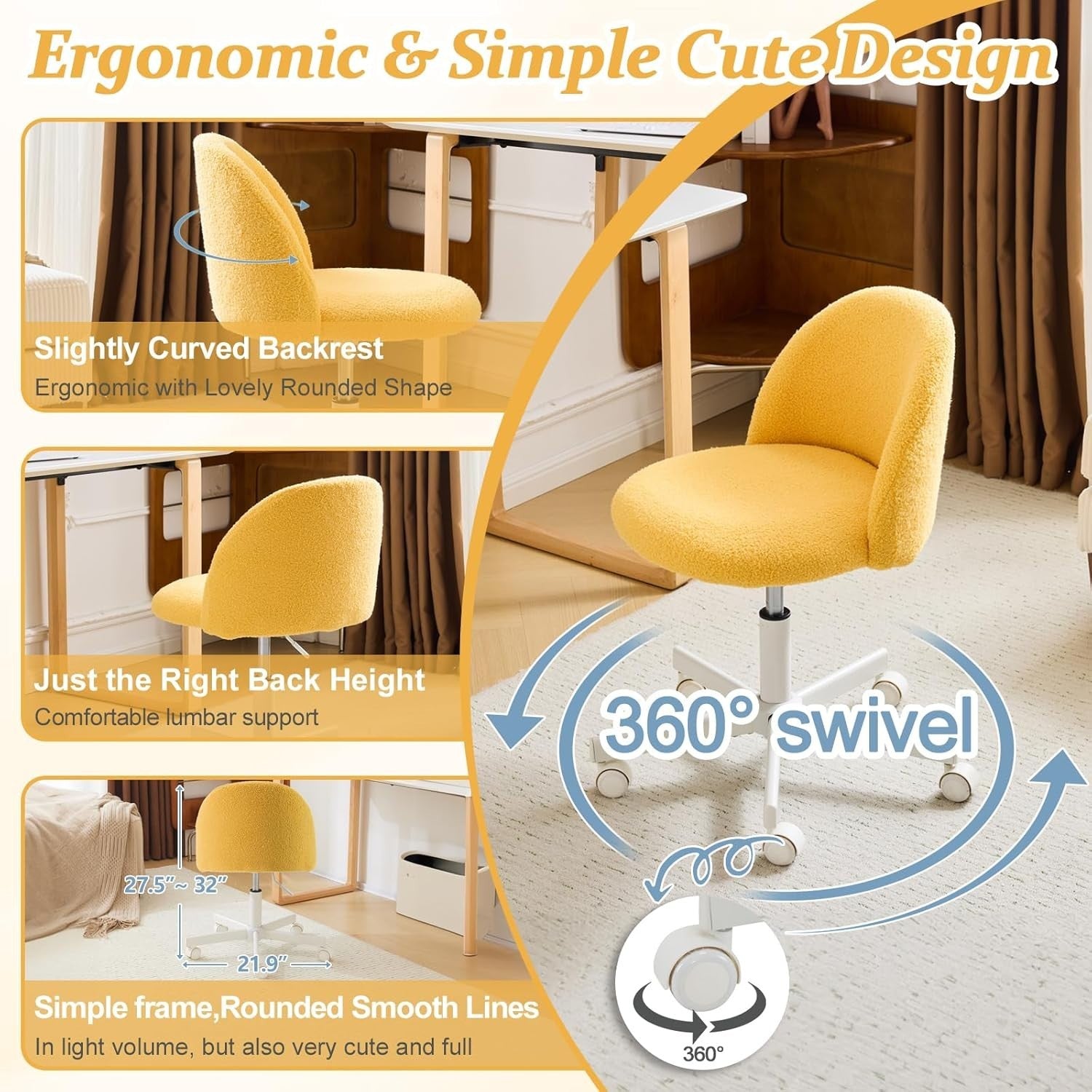 Yellow Teddy Fleece Swivel Desk Chair Small Adjustable Height Vanity Seat