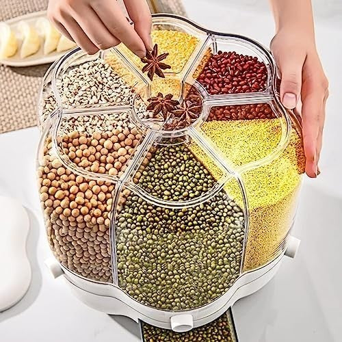 10KG 6 Grid Rotating Cereal Dispenser 360° Grain Storage Container