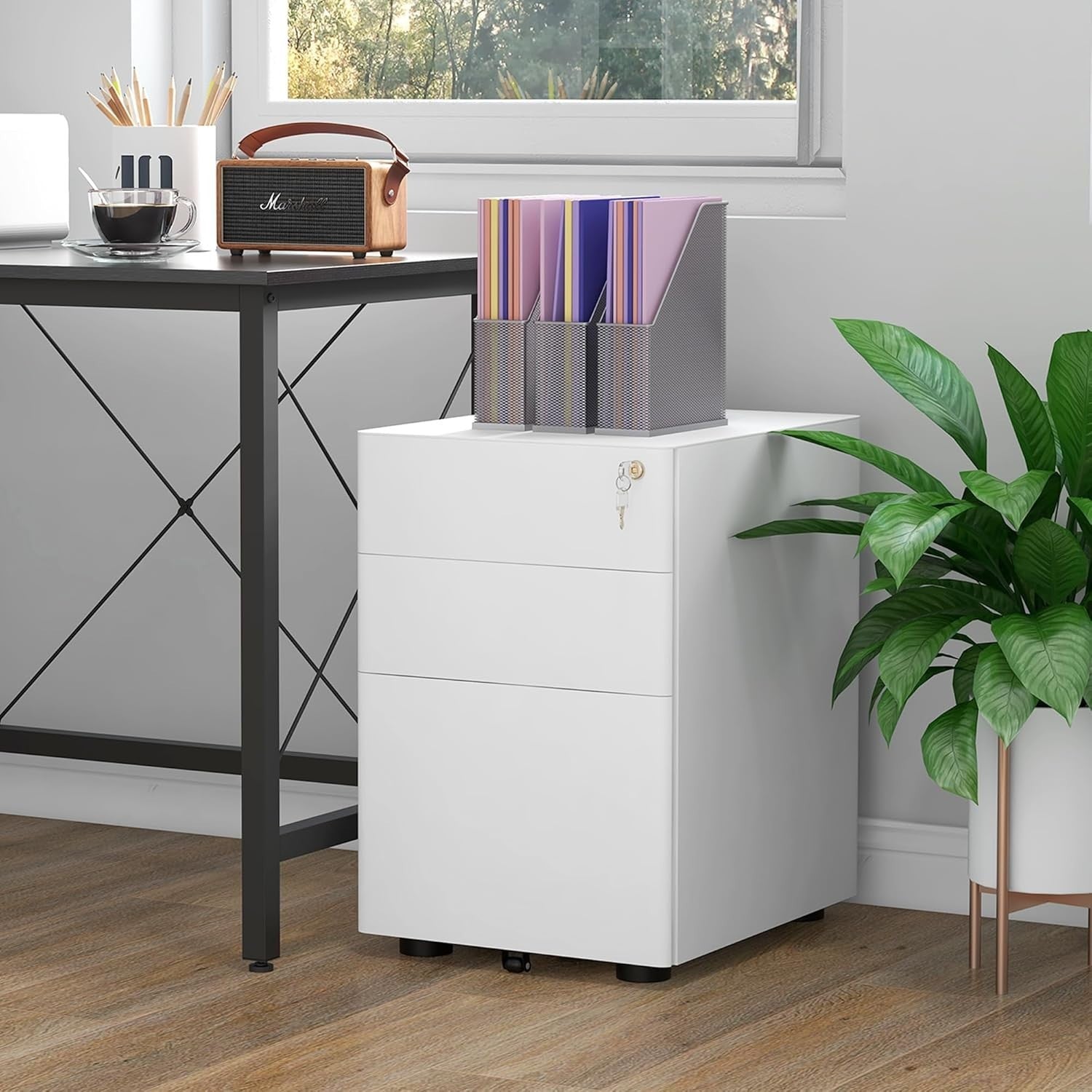 White 3 Drawer Mobile Filing Cabinet Lockable Steel A4 Letter Office Storage