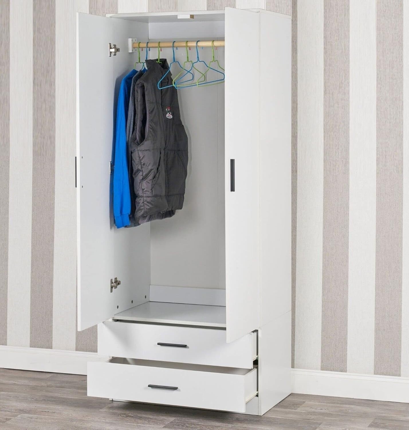 White 2 Door Wardrobe with Drawers Modern Bedroom Storage Cabinet