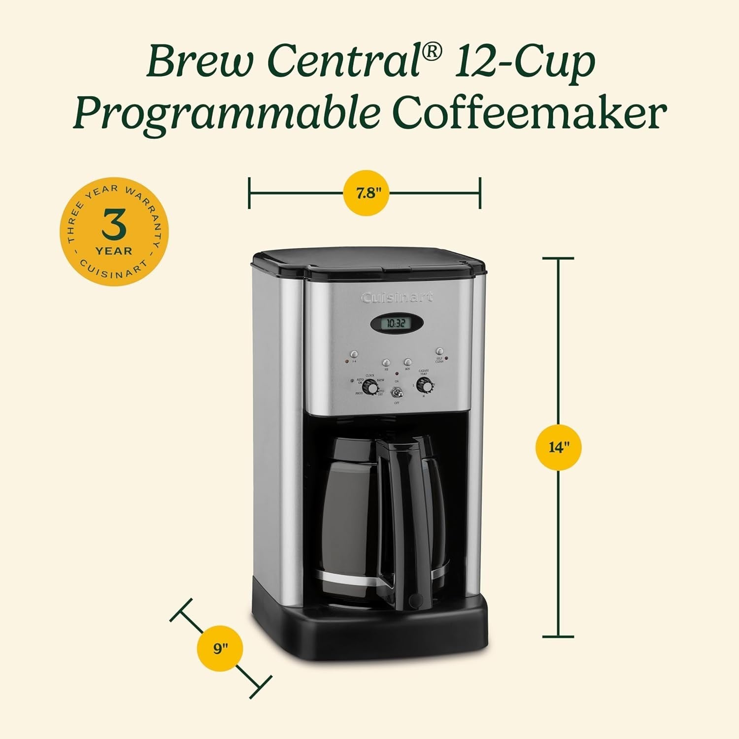 12 Cup Programmable Coffee Maker Glass Carafe Auto Shutoff Chrome Drip Machine