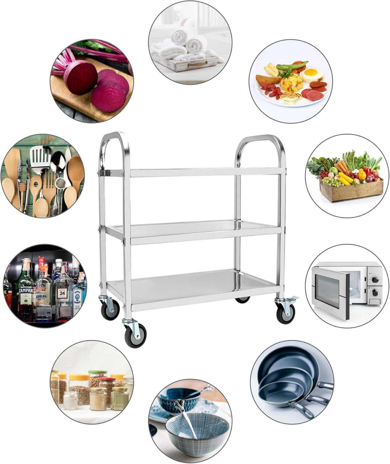 3 Tier Stainless Steel Serving Trolley 75x40x83.5cm