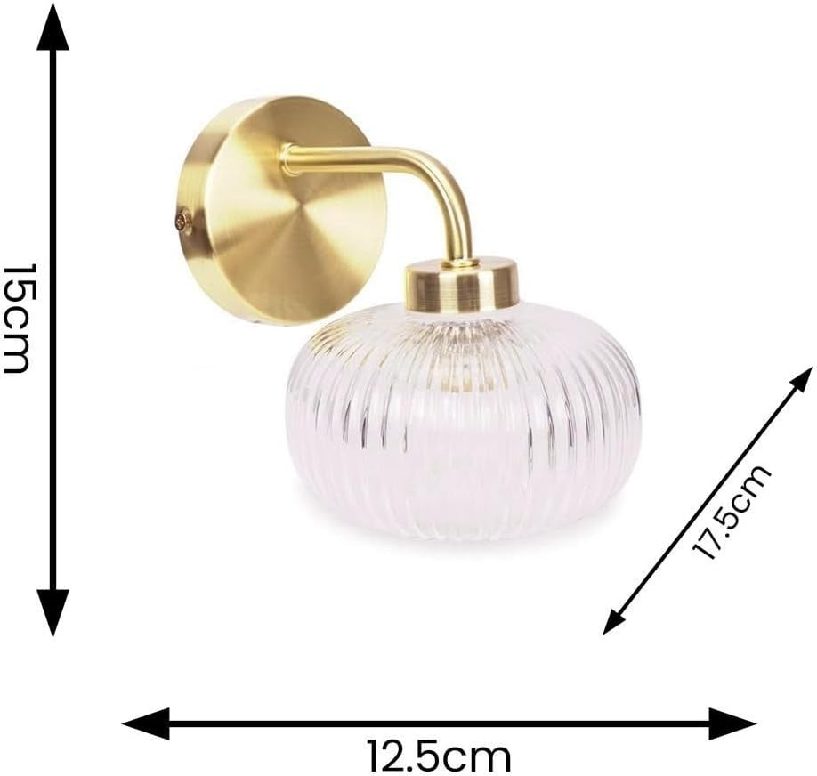 Gold Wall Light Fitting Pair Clear Ribbed Glass Shade IP44 Bathroom Hallway