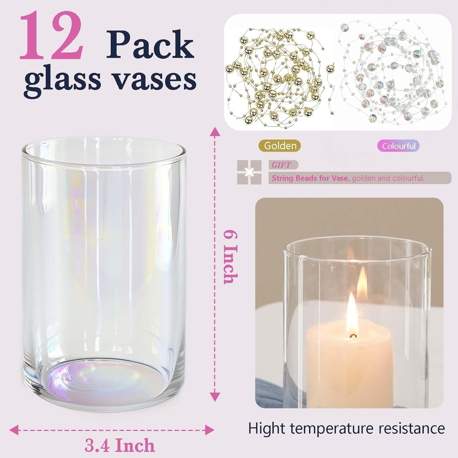 Iridescent Glass Cylinder Vase Set of 12 Flower Candle Wedding Table Decor