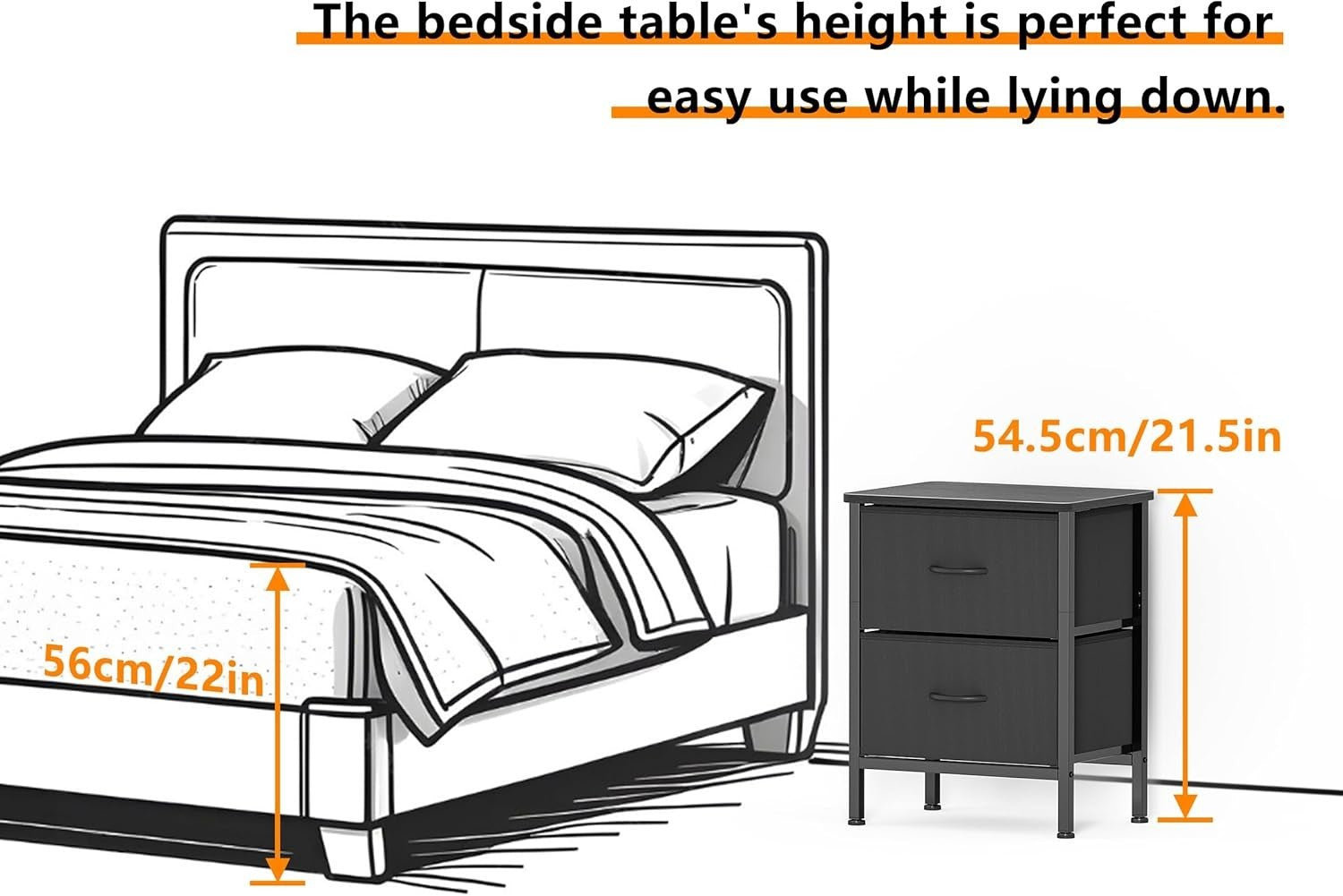 Set of 2 Black Bedside Tables with Fabric Drawers | Metal Frame Storage Cabinets