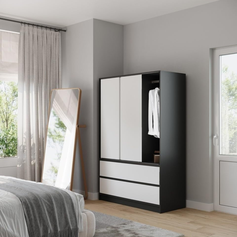 White Sliding Door Wardrobe with 4 Drawers & Hanging Rail – Space Saver