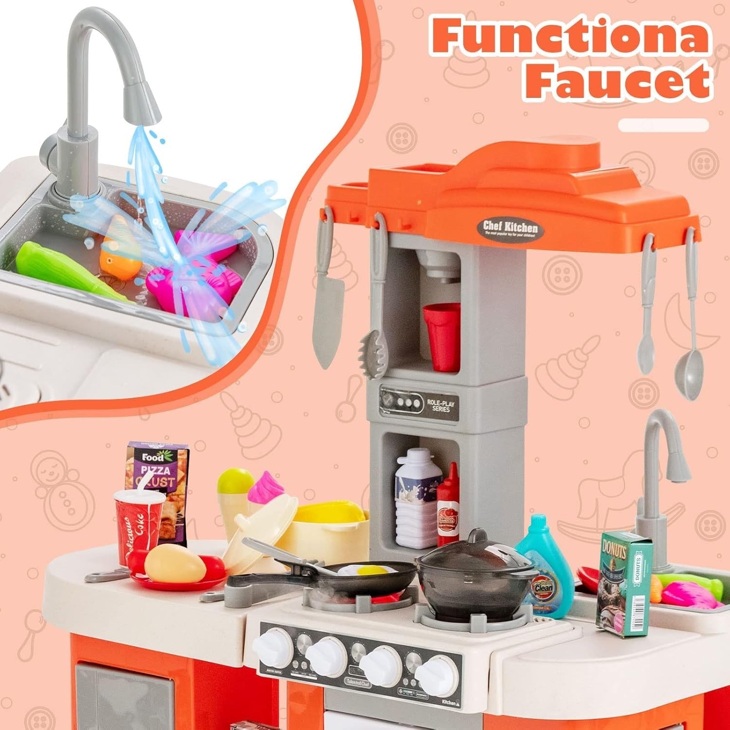 Kids Play Kitchen Orange w/ Lights Sounds Running Water Steam Set