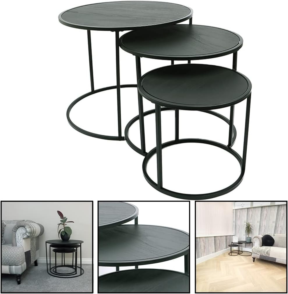 Set of 3 Black Wood Look Nesting Tables Round Coffee End Side Accent Space Savin