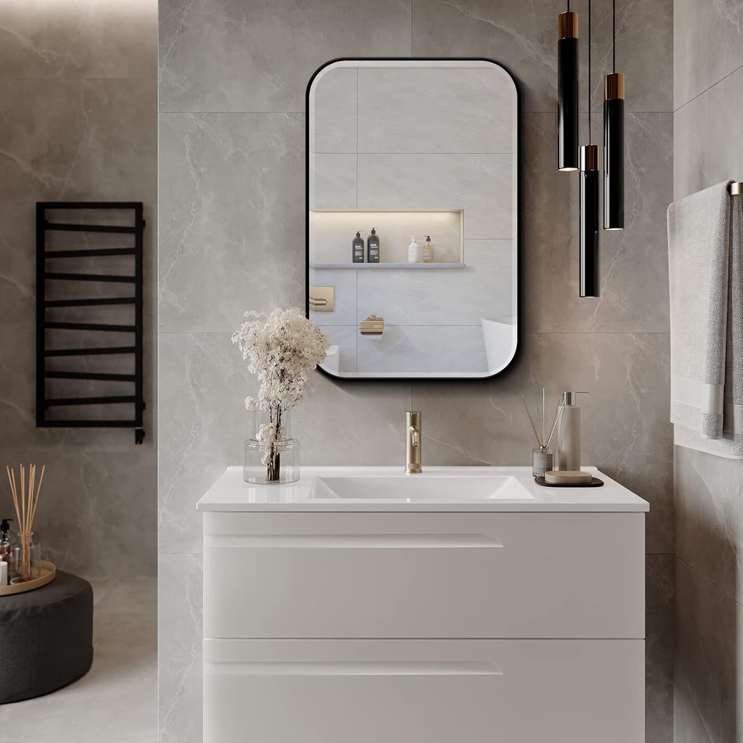 Wall-Mounted Plastic Mirror Cabinet with Adjustable Shelves & Storage