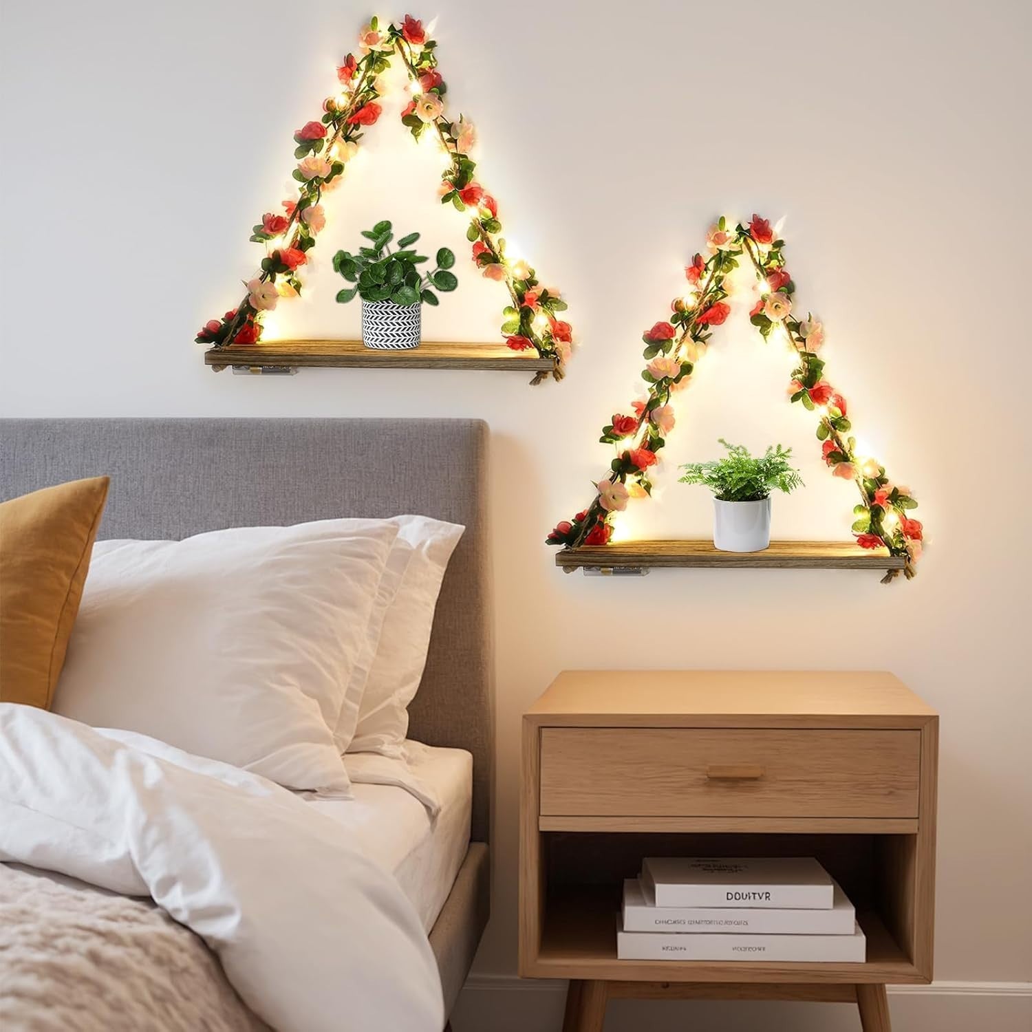 Boho Macrame Hanging Shelves LED Wall Decor Rustic Wood