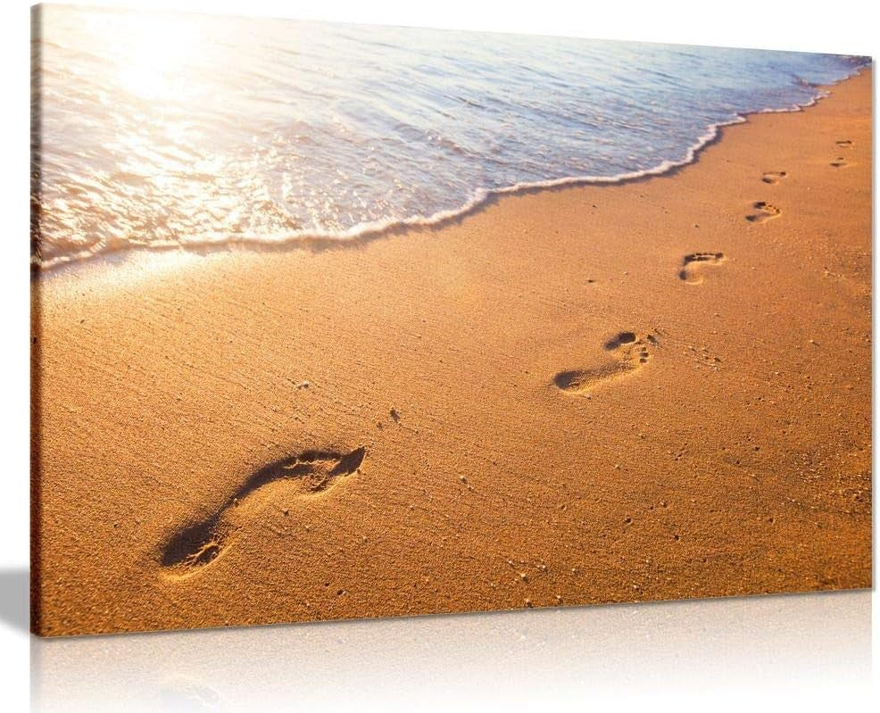 Relaxing Beach Wave Canvas Wall Art Sunset Footprints Ocean Decor Print