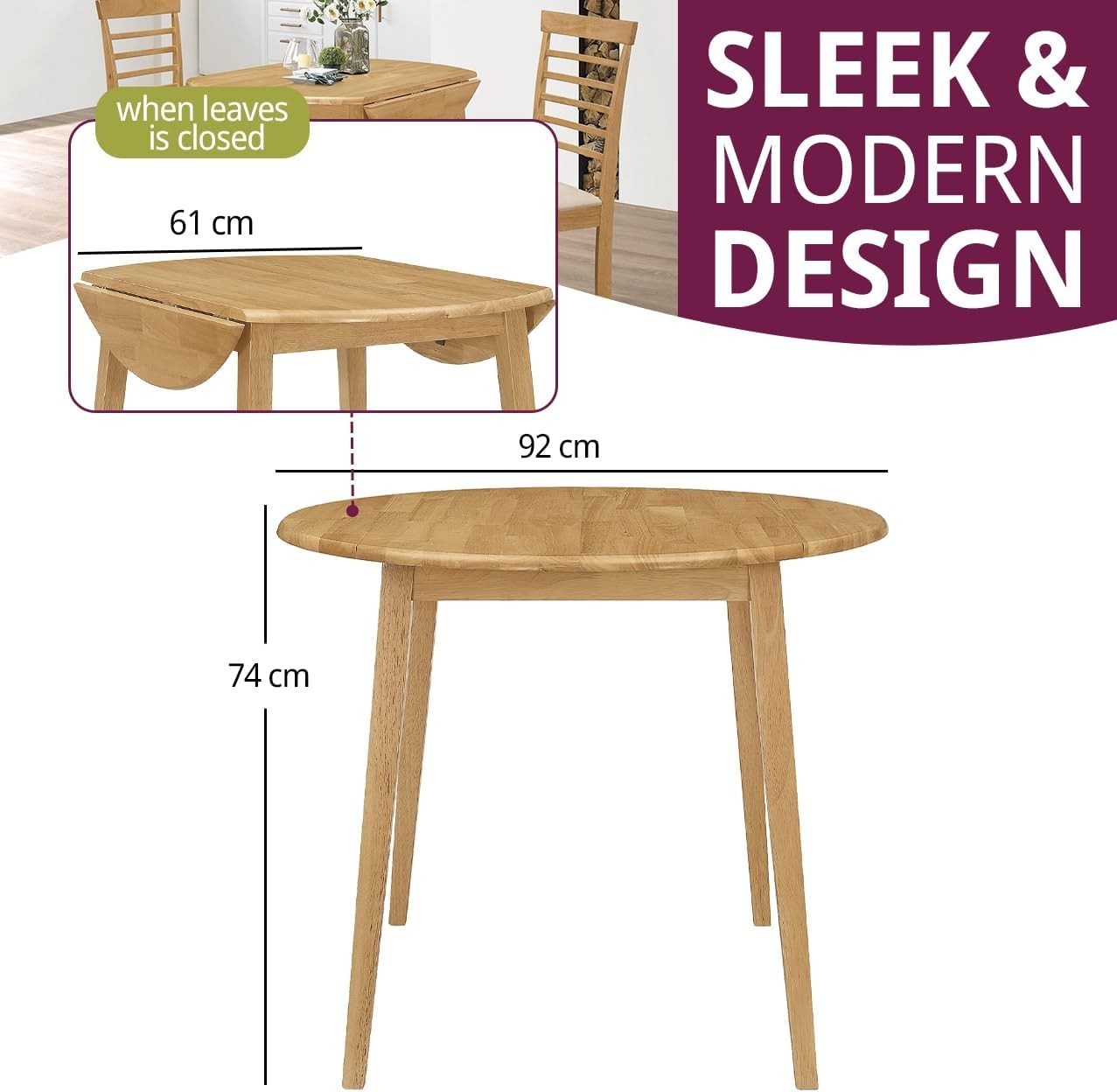 Solid Round Drop Leaf Dining Table Light Oak Space-Saving Extendable